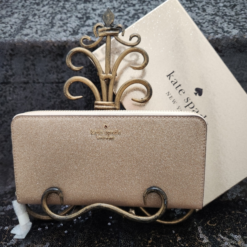Kate Spade Gold Glitter Large Continental Zip Around Wallet
